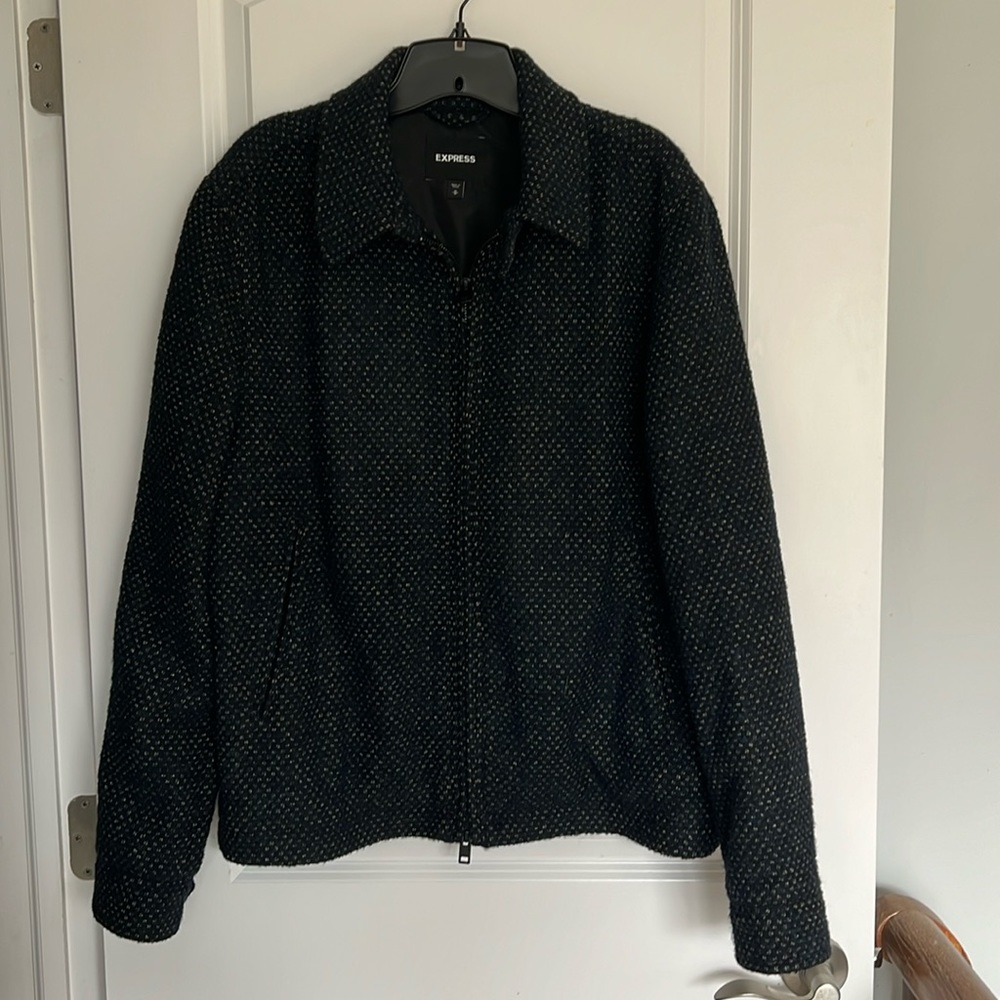 EXPRESS men’s jacket, black navy tan tweed pattern, size medium, double zipper